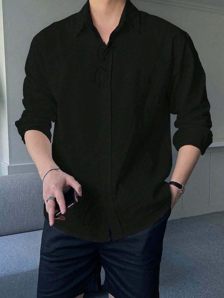 Men's Sleek Pitch Black Slim-Fit Shirt