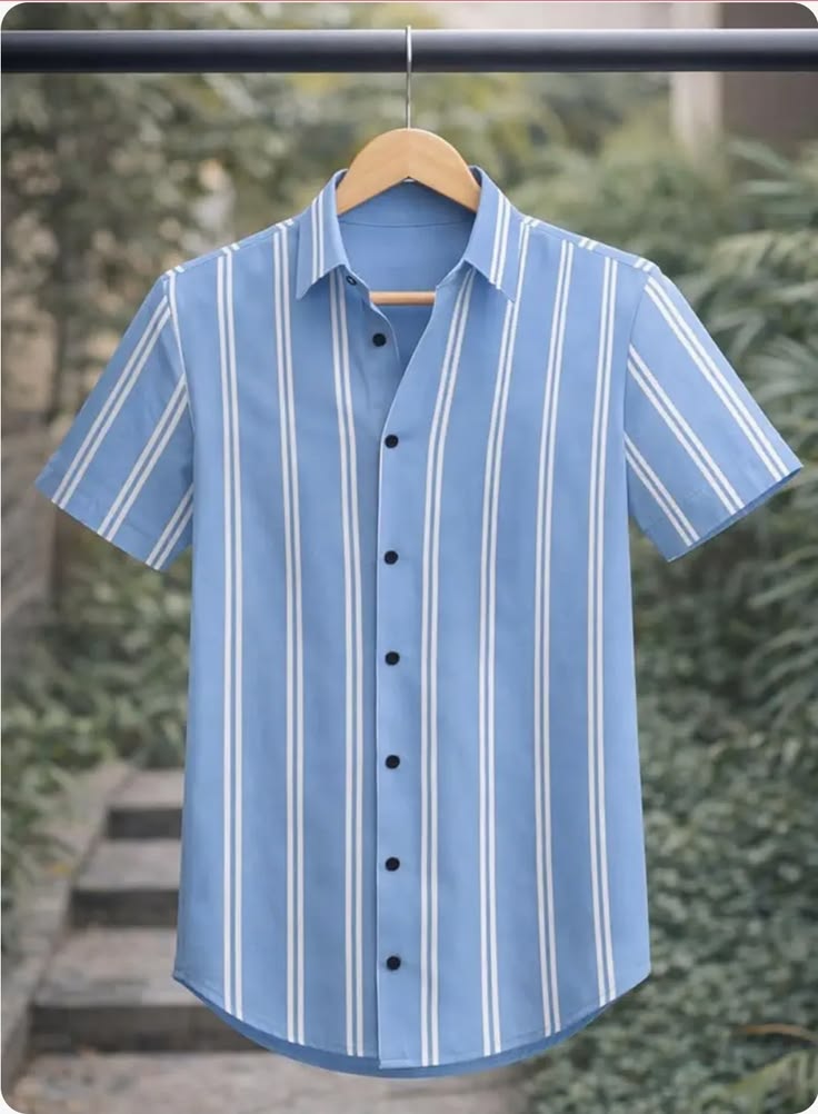 Men's Sky Blue & White Striped Short Sleeve Shirt