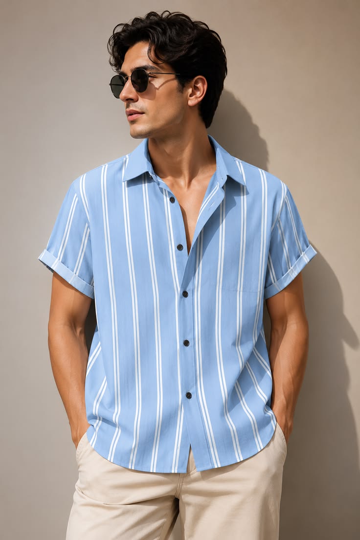 Men's Sky Blue & White Striped Short Sleeve Shirt