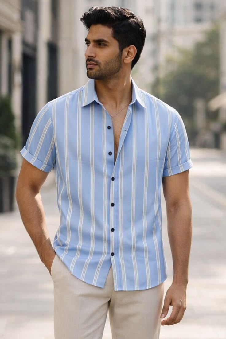 Men's Sky Blue & White Striped Short Sleeve Shirt