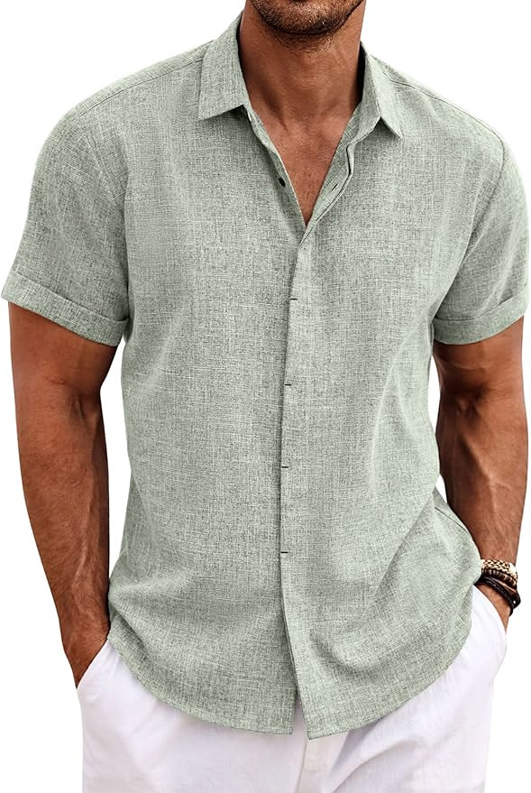 Men's Sage Green Slub Linen Short Sleeve Resort Shirt