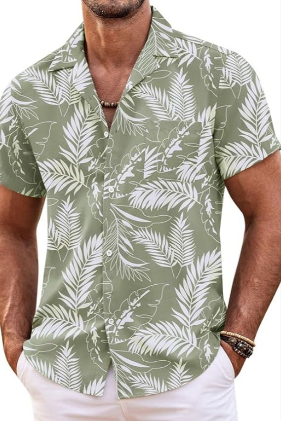 Men's Olive Palm Leaf Tropical Print Cuban Shirt