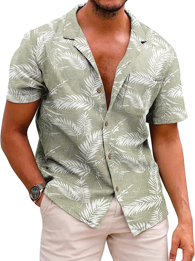 Men's Olive Palm Leaf Tropical Print Cuban Shirt