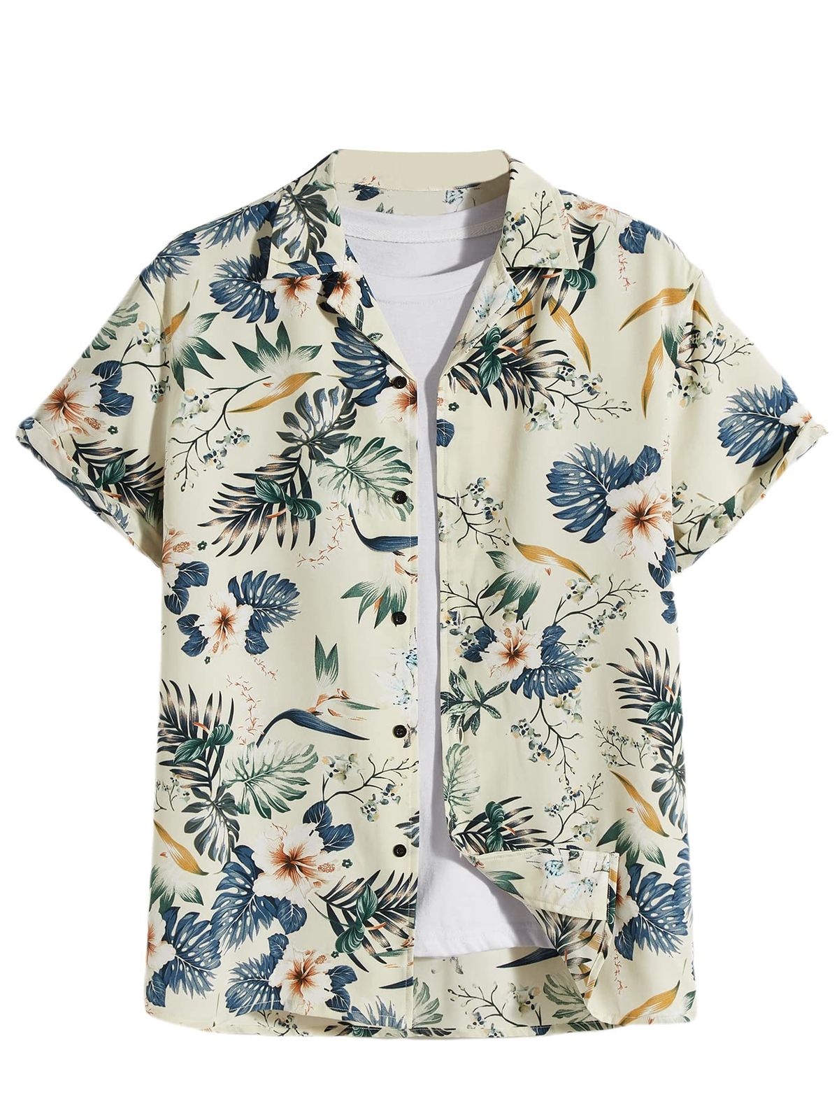 Men's Cream Floral Botanical Print Short Sleeve Shirt