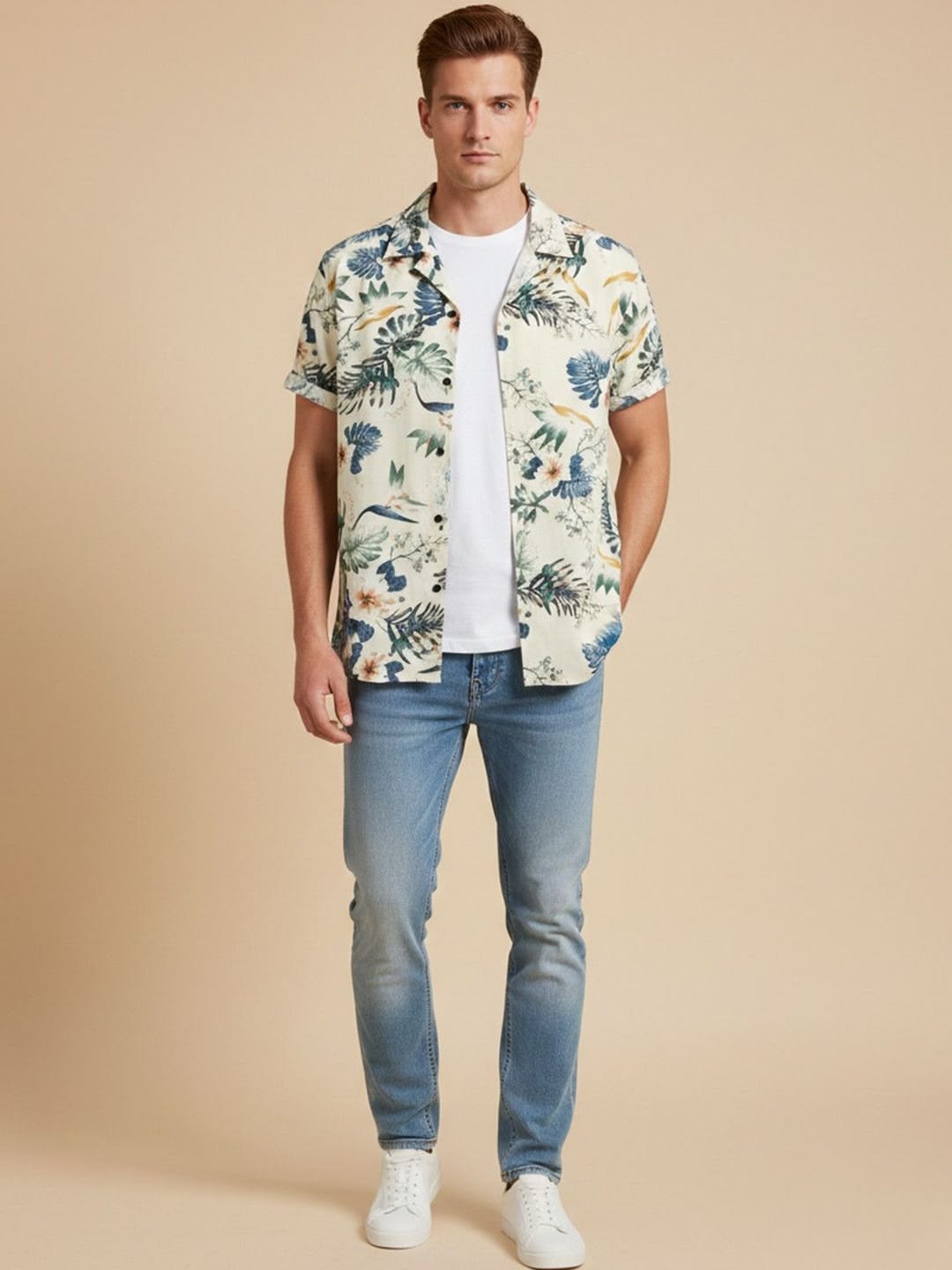 Men's Cream Floral Botanical Print Short Sleeve Shirt