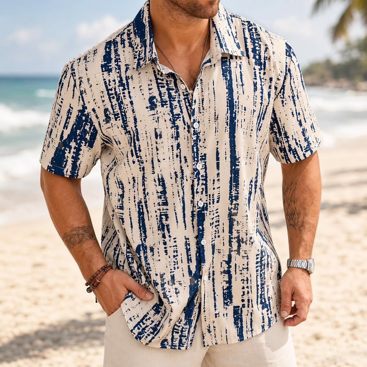 Men's Oatmeal Abstract Blue Brushstroke Short Sleeve Shirt